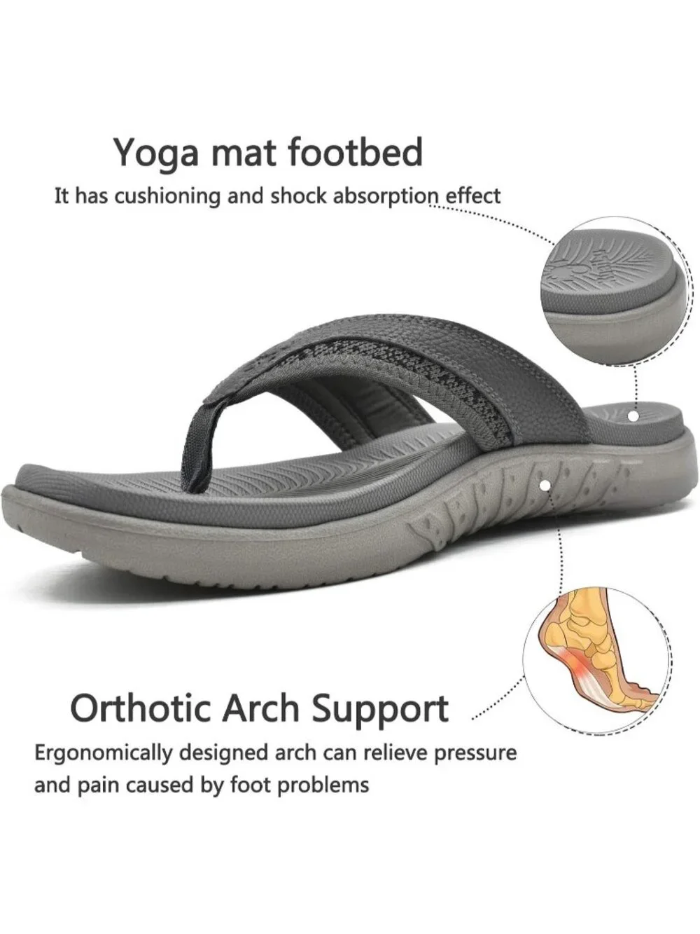 Men's Grey Arch Support Sport Flip Flops Comfort Orthotic Thong Sandal Shoes